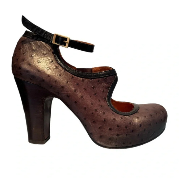 Chie Mihara Ostrich Leather Heels Made In Spain 38 1/2 8.5 Ankle Strap Dust Bag - Picture 2 of 16
